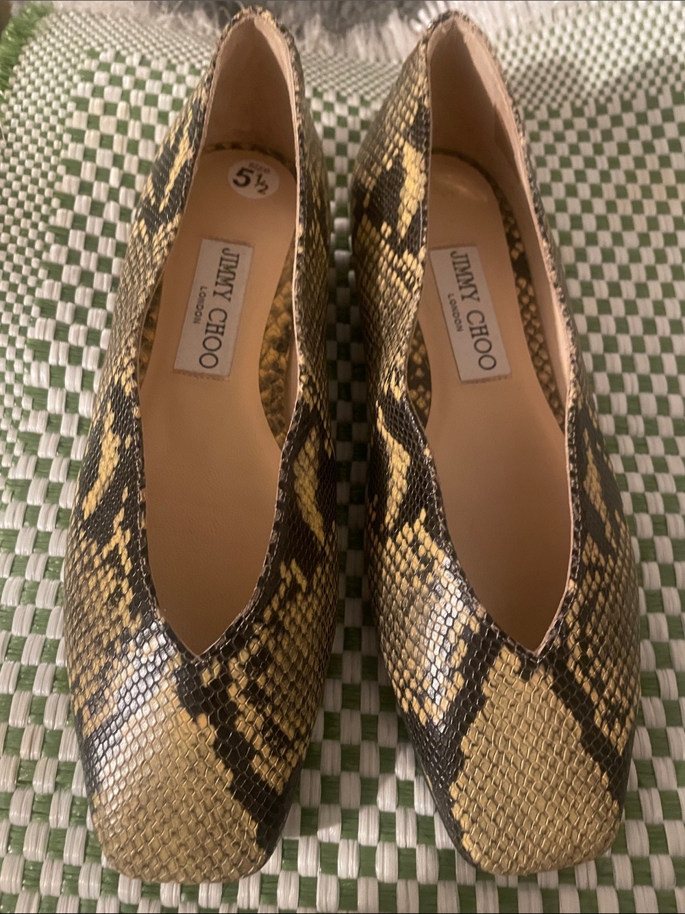 Jimmy Choo Yellow and Black Snake-Print Pointed Flats